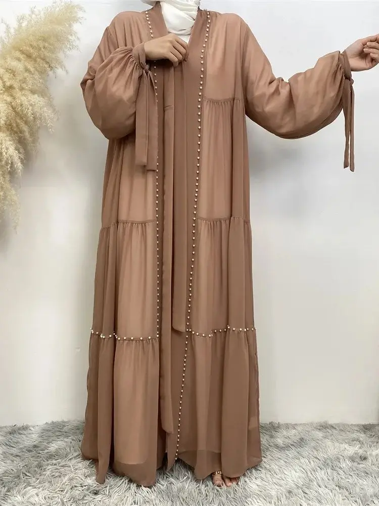 Ramadan Fashion Pearl Beading kimono Abaya Muslim Dress female big swing Chiffon Islamic Kaftan Robe Musulman Abaya wy1890