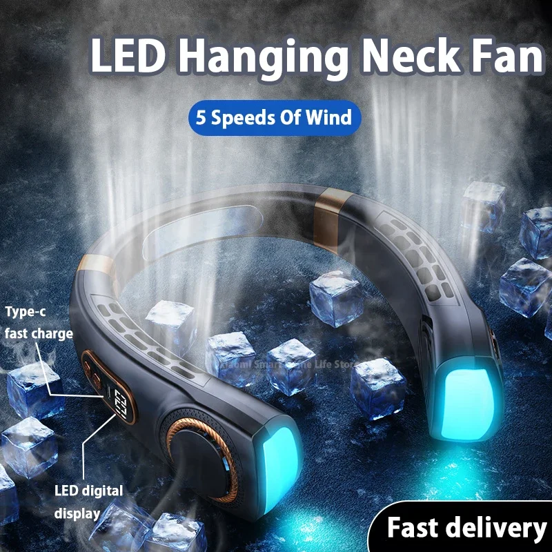 2024 New Wearable Air Conditioner Bladeless Neck Fan Rechargeable Mini Fan Portable 5 Gears LED Display Screen 7 Colorful Lights