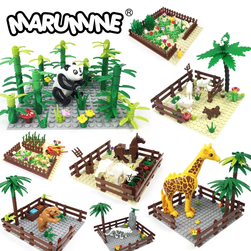 Marumine MOC Bricks Farm Animals Building Blocks Model Kit with Panda Chicken Cow Rabbit Trees Plant Construction Set Kids Toys