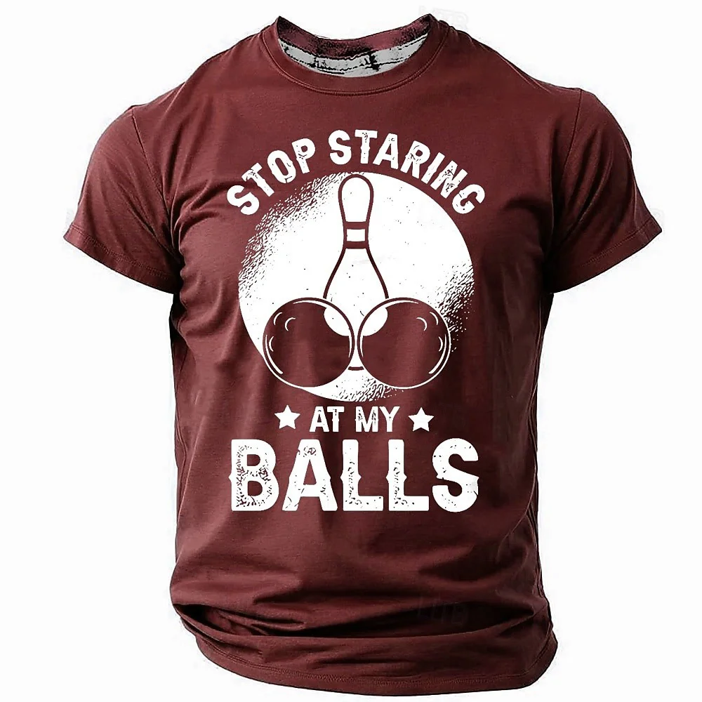 Stop Staring At My Balls Funny Bowling T-shirt Men's Vintage Graphic Print Short Sleeve Casual Tee For Bowling Lovers T Shirts