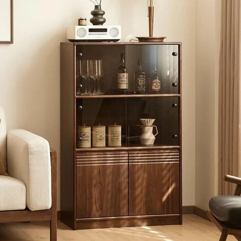 Nordic style black walnut color wine cabinet Nordic simple glass display cabinet Home living room storage locker wine cabinet