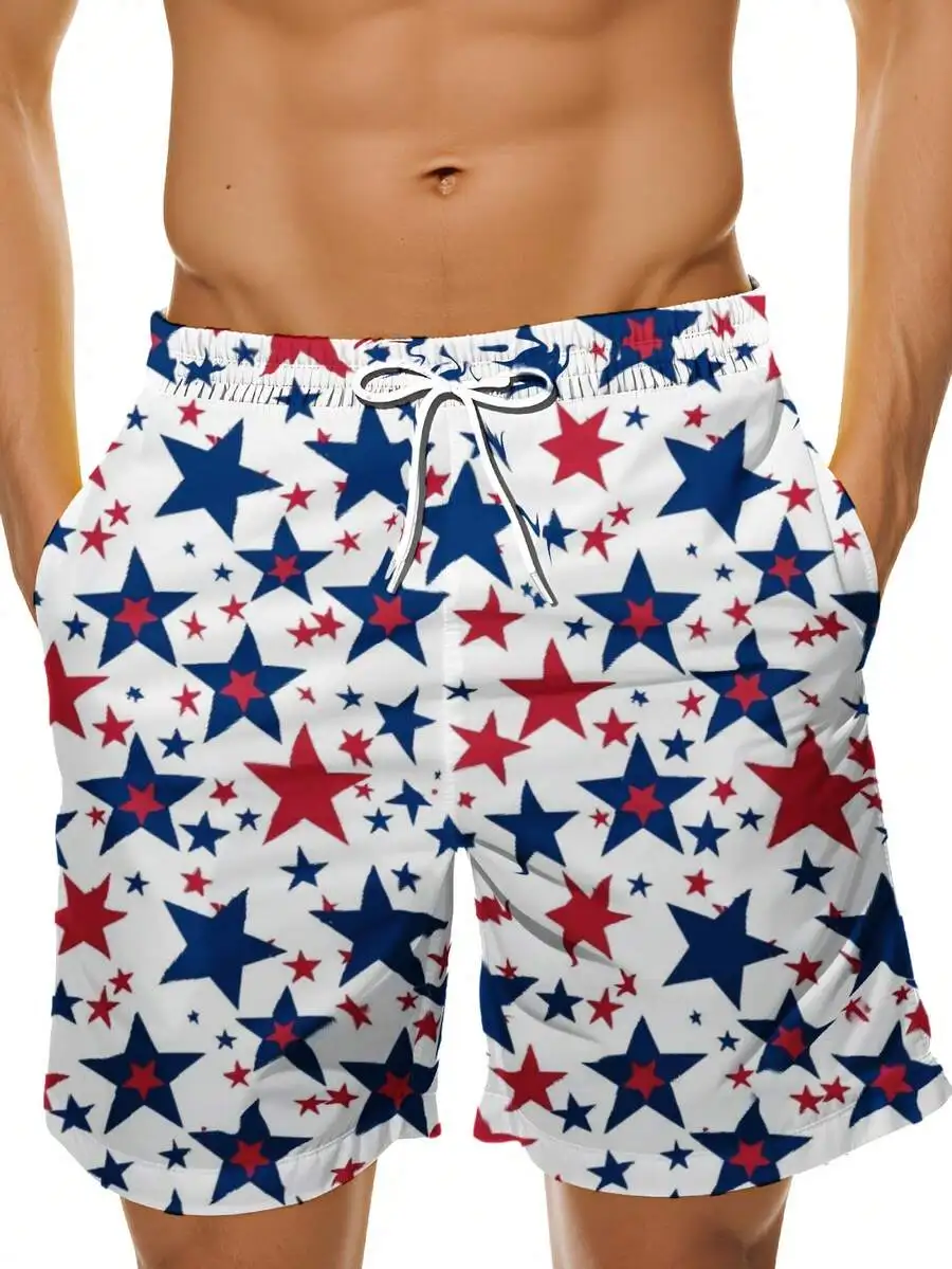 

Men Patriotic Star Print Quick Dry Swim Trunks Beach Board Shorts Red White Blue