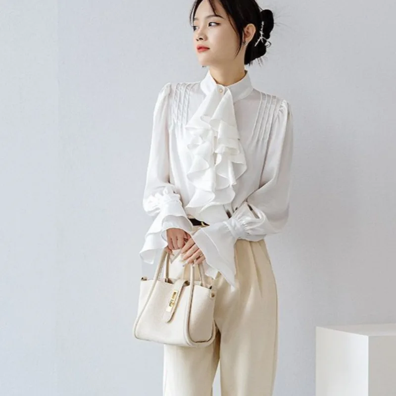 Women Shirt Ruffles Chic Long Sleeve Temperament French Style Casual Spring Elegant Office Lady Solid Classic Popular Trendy