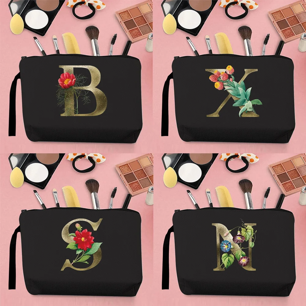 Fashion Woman Makeup Organizer Bag Handbag Outdoor Travel Canvas Vintage Gold Floral Letter Pattern Print Key Black Pencil Case