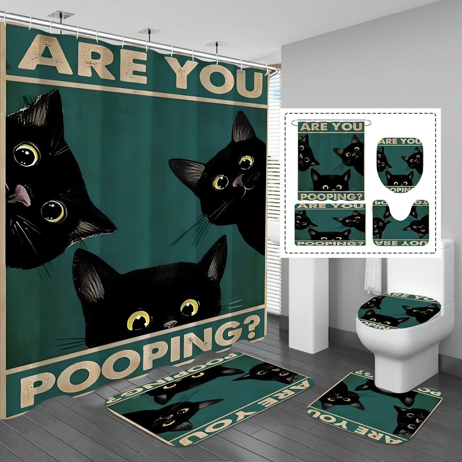 

Funny Black Cats Bathroom 4-Piece Set: Shower Curtain, Bath Mat, Toilet Cover, Tank Cover – Quirky and Cute Decor