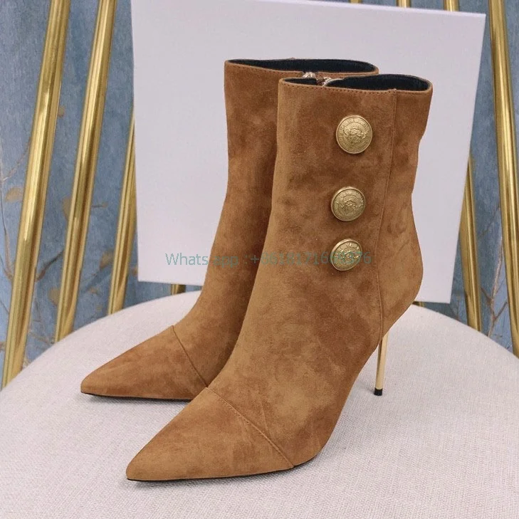 

Luxury Metallic Thin High Heel Suede Boots Women Pointed Toe Zip Brown Ankle Boots 2022 Lady Party Shoes Gladiator Design