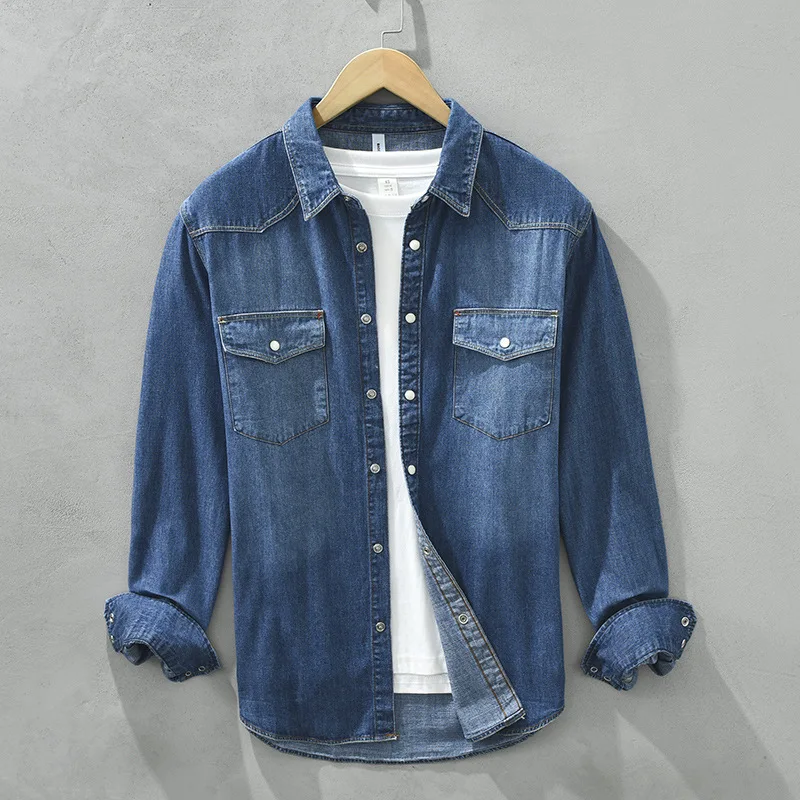 Chemises en denim délavées de style japonais vintage pour hommes, vêtements de travail décontractés à manches longues, 100% coton, Cityboy, Y-Combb, printemps, automne