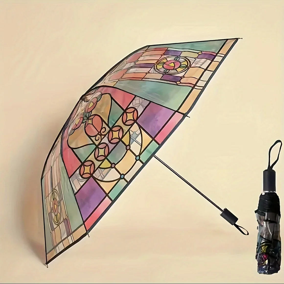 Retro Window Flower Pattern Transparent Umbrella Fully Automatic Opening and Closing Portable Travel Umbrella Glass pattern