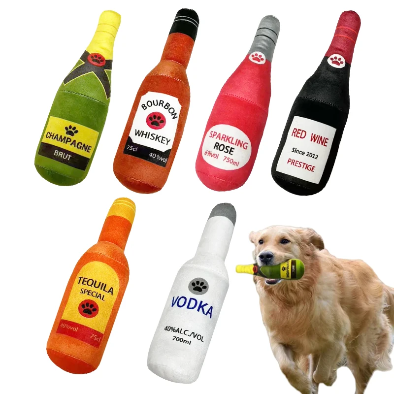 Divertidos juguetes de peluche para perros, botella de cerveza en forma de perros pequeños y grandes, sonido chirriante, juguete para masticar dientes limpios, suministros interactivos para mascotas