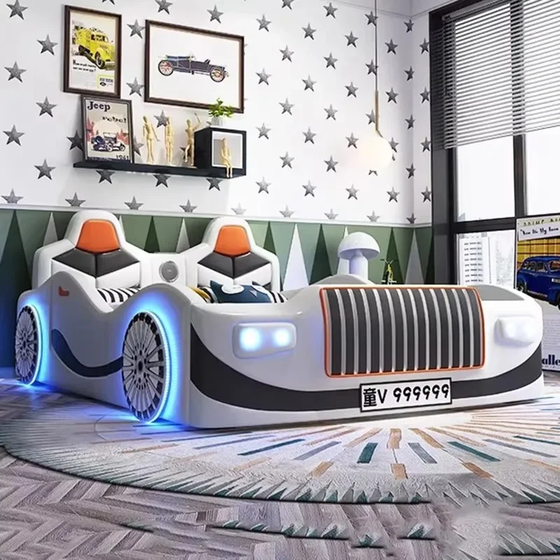 High End Kids Modern Double Car Bed Queen Size Boy Multifunctional Wood Double Bed Space Saving Cama Box Casal Bedroom Furniture