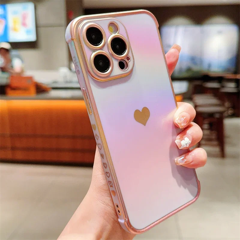 Colourful Love Heart Electroplated Phone Case For iPhone 16 15 14 13 12 11 Pro Max Plus Shockproof Silicone Soft TPU Back Cover