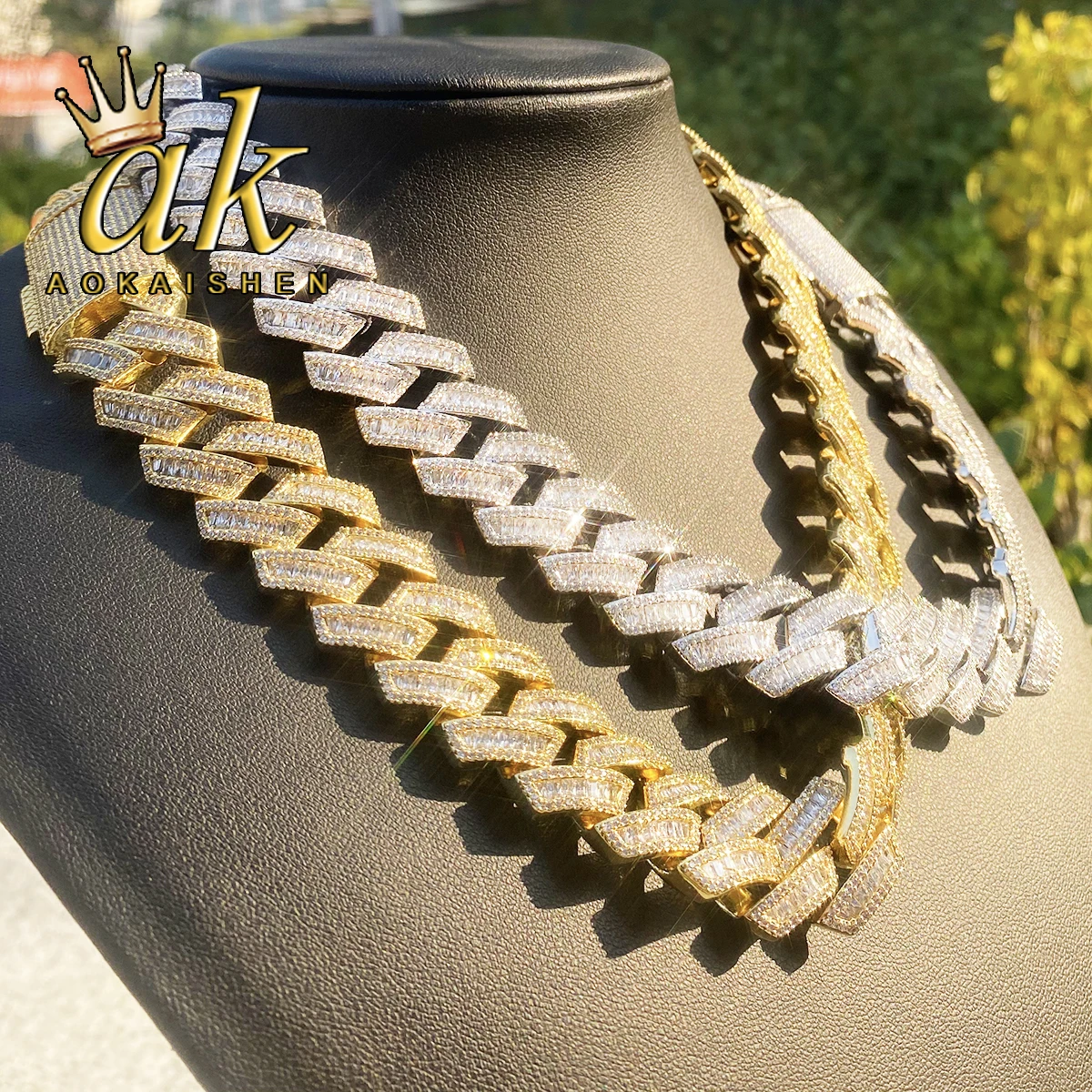 Aokaishen Iced Out Cuban Link Chain Men Necklace Choker 5A Prong Setting Cubic Zirconia Copper Gold Plated Hip Hop Jewelry
