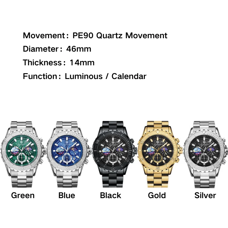 Quartz Watch for Man with 46mm Diameter and 14mm Thickness Independent Second and Minute Hands 5 O'clock Position Calendar 3ATM