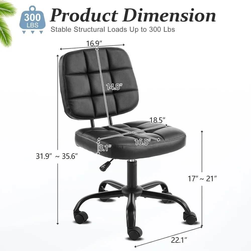 VINGLI Compact Small Desk Chair Cute Armless PU Leather Chair with Wheels Low Back Vanity  Height Adjustable Task