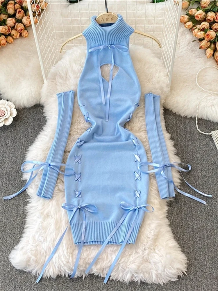 Women Sexy Sweater Dress Open Chest Backless Ribbon Strap Tops Turtleneck Long Sleeve Lacing Up Bodycon Knit Bandage Dress