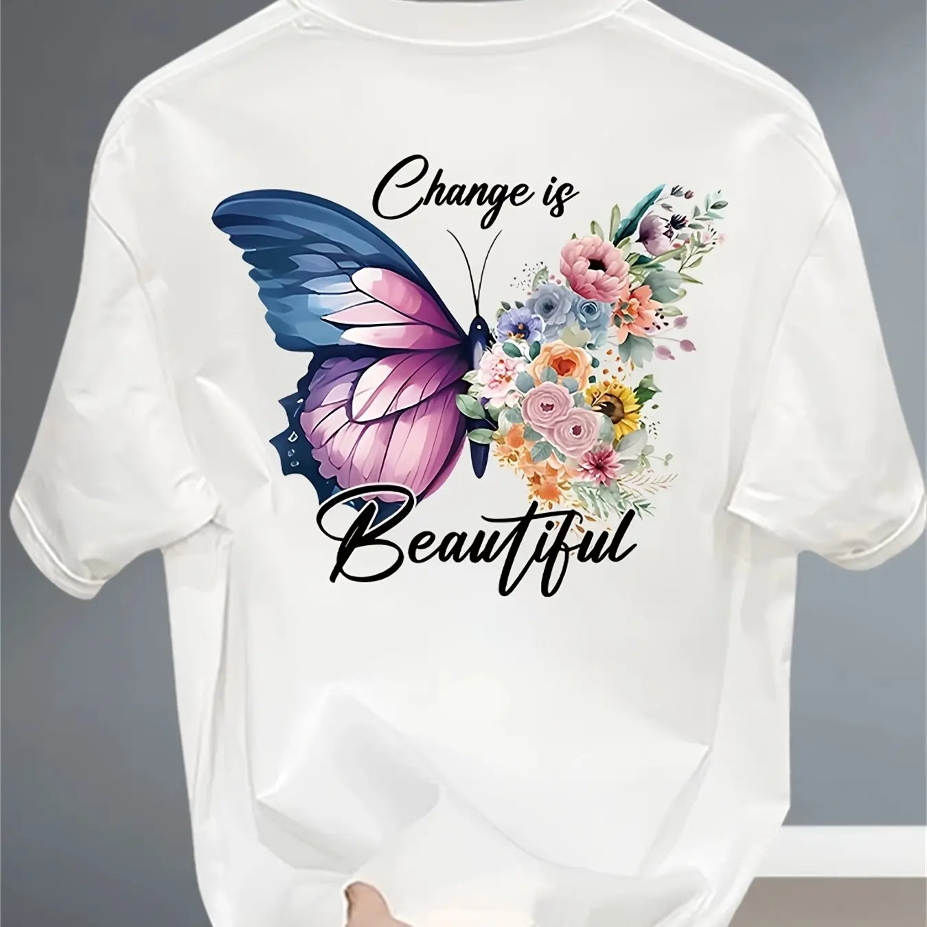Change Is Beautiful Butterfly Floral Print T-Shirt Men Women Casual Cotton Tee Summer Short Sleeve Graphic T Shirts Unisex Tops