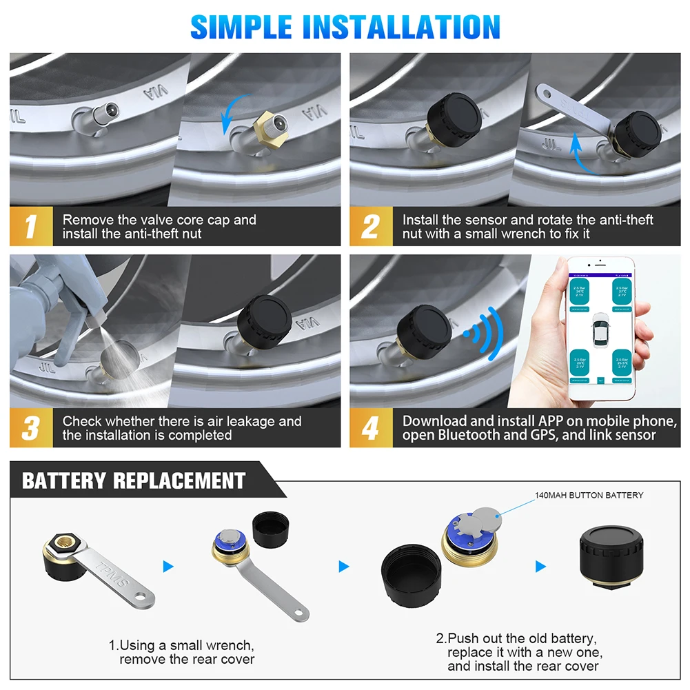 Système de surveillance de la pression de l'opathie TPMS de voiture, affichage du téléphone, compatible Bluetooth 5.0, accessoire de surveillance, 2 pièces, 4 pièces