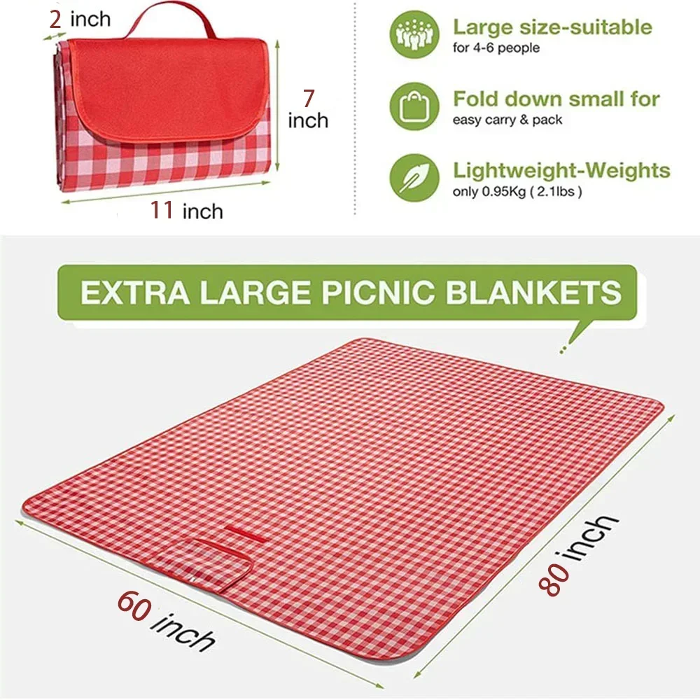 Outdoor Picnic Blankets Waterproof Foldable, Large Beach Blanket , Gingham Washable Portable 60