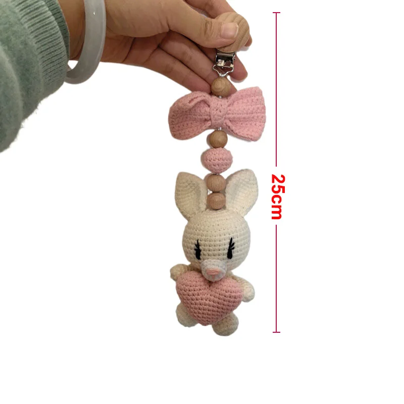 Ciondolo a Clip appeso per passeggino, sonaglio Mobile sulla culla, catena a Clip per ciuccio all'uncinetto, giocattolo per passeggino con bracciale in legno