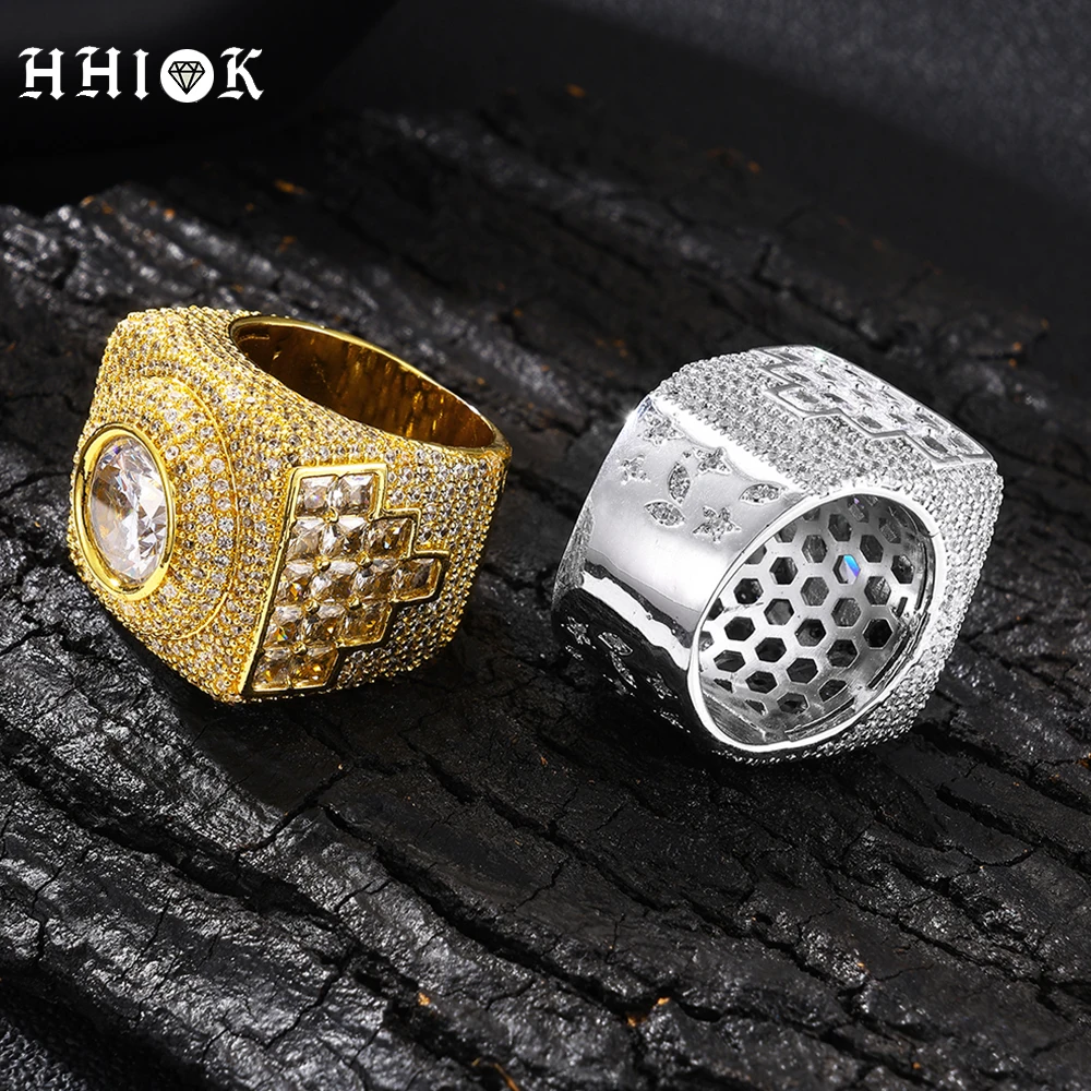 HHIOK Big Heavy Iced Out Square Ring Brass Inlaid Cubic Zirconia Full Paved 5A CZ Hip Hop Rapper Fine Bling Ring For Men Women