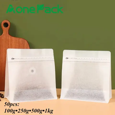 50pcs Resealable White Cotton Paper Biodegradable Coffee Bean Bag With Valve 150g 250g 500g 1kg Powder Food Nuts Packaging  bag