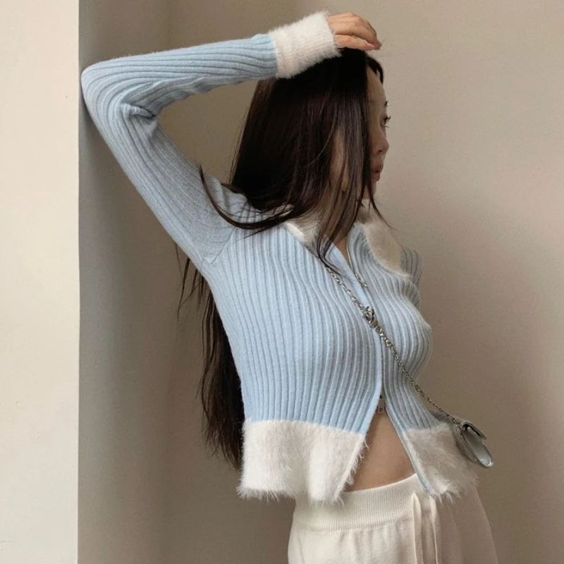 Süße Patchwork Strickjacken für Frauen drehen-unten Kragen Sexy Crop Pullover Schlank Zarte Feminine Herbst Ulzzang Alle-spiel chic Mujer