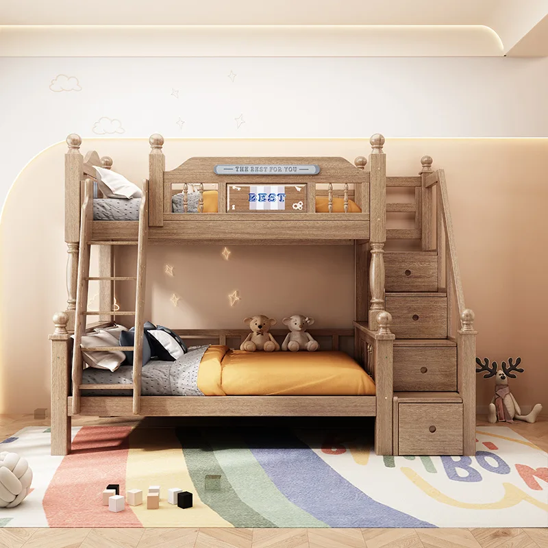 Nordic thickened wood wax oil solid wood bunk bed high and low bed children\'s double deck 1.2m ladder cabinet upper and lower bu
