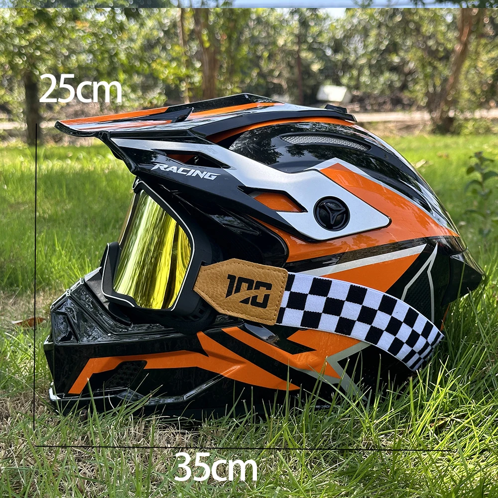 Glossy Motorcycle Helmet for Men, Orange Stripe Print Retro Motorcycle Helmet for Men, Stylish Cool Lettered Full-Face Motorcycle Helmet, Paired with Gold Goggles, Unisex, Suitable for All Seasons