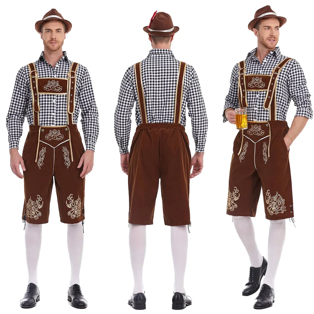 Oktoberfest ชุดคอสเพลย์ lederhosen สำหรับผู้ชายชุดเบียร์บาวาเรียแบบดั้งเดิมชุดแฟนตาเซียสำหรับวันหยุด