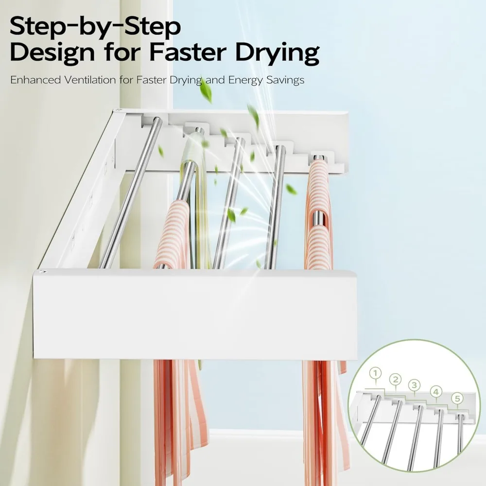 Foldable Wall Mount Clothes Drying Rack, 32 Inch, 5 Rods, White - Space Saving Indoor Laundry Solution