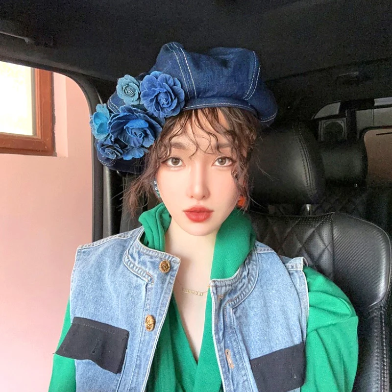 Flower Denim Beret Hats For Women Vintage Spring Autumn Female Camellia Painter Caps Casual Beanie Hats Clothes Accessories