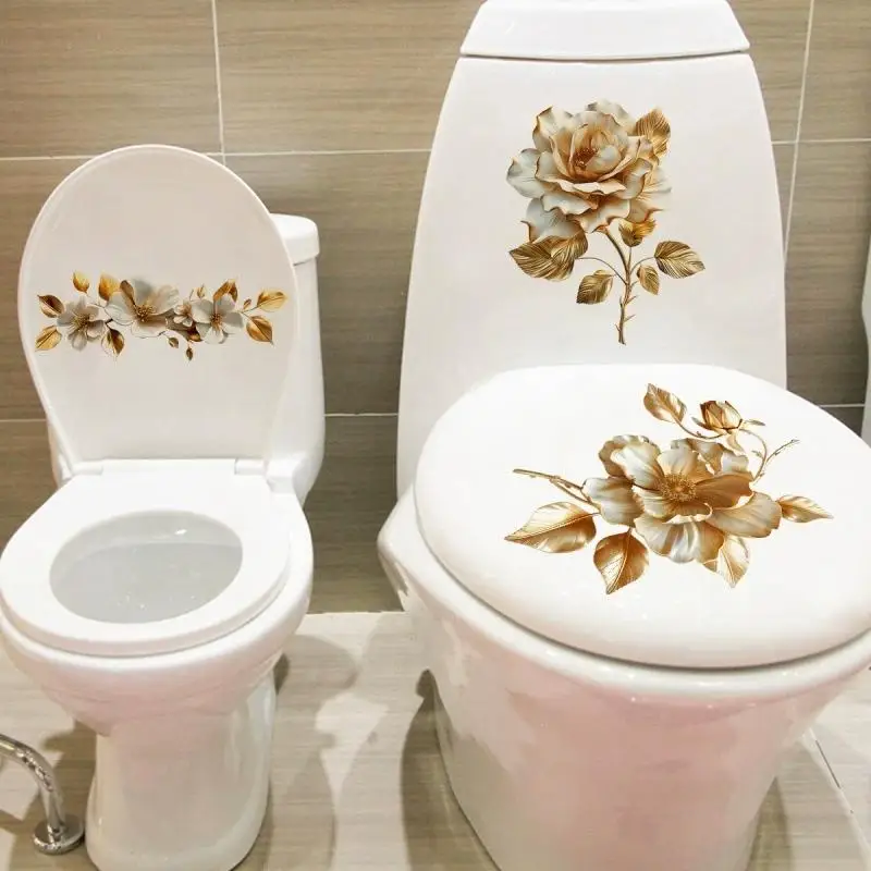 Gold Floral Toilet Sticker Waterproof Self Adhesive Eco-friendly PVC Wall Decal for Home Bathroom Renovation
