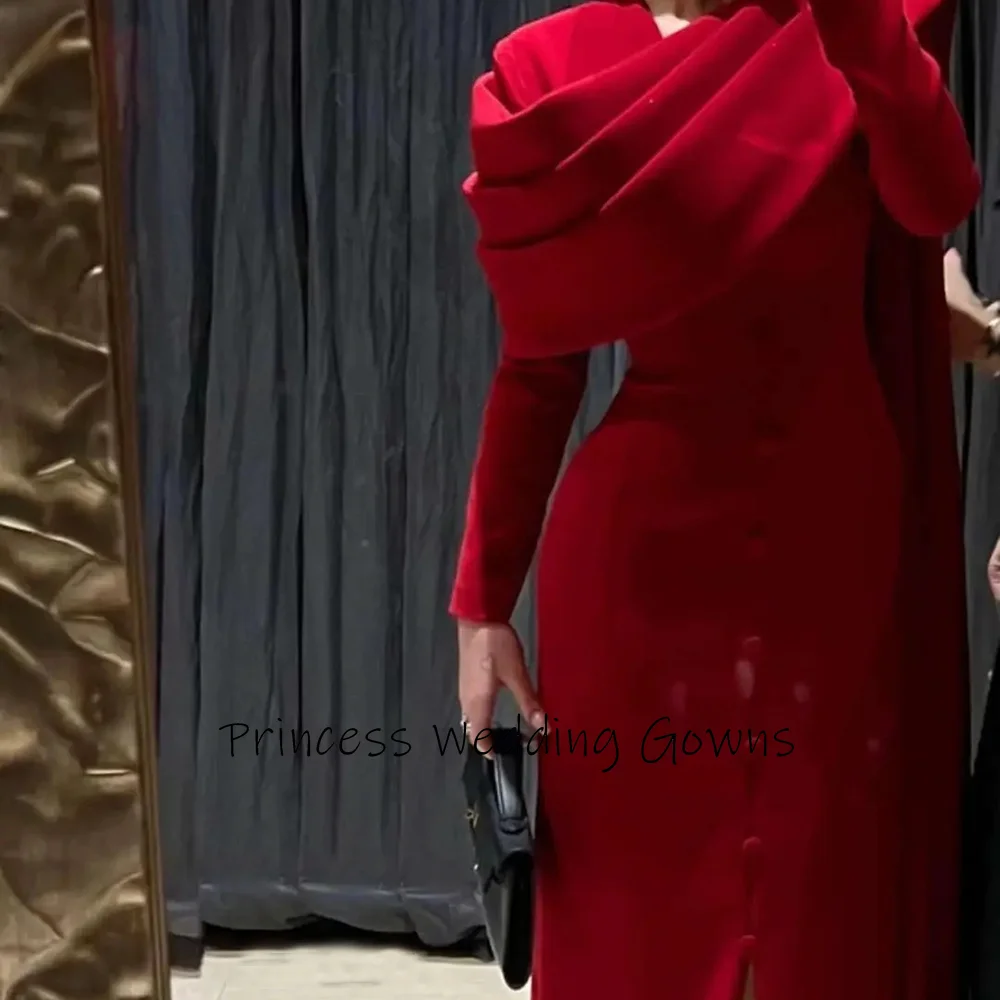 Customized Fashion Red Simple Jersey Evening Dress irregularity V-neck with Sweep Train Fake Button Sheath Formal Party Gowns