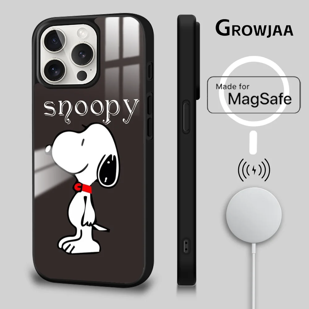 S-Snoopy Cute Cartoon Phone Case For iPhone 15 14 13 12 11 Pro Max Plus Mini Mirror Magnetic Cover Funda Case Wireless Charging