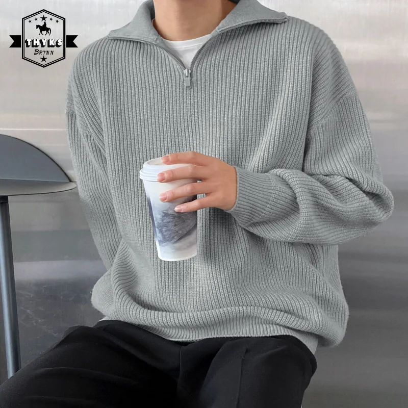 

Men's Vintage Half Zip Knitted Base Sweater Harajuku Autumn Casual Knitwear Pullover Male Simple Solid Slim Fit Korean Sweaters