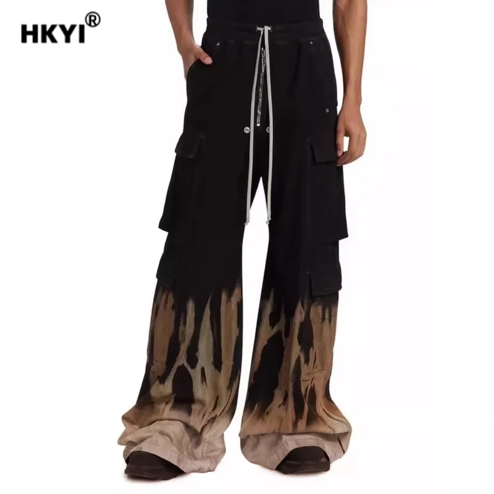 HKYI Men's workwear trousers denim pants, retro streetwear, tie dye, mop pants, wide leg pants baggy men pants