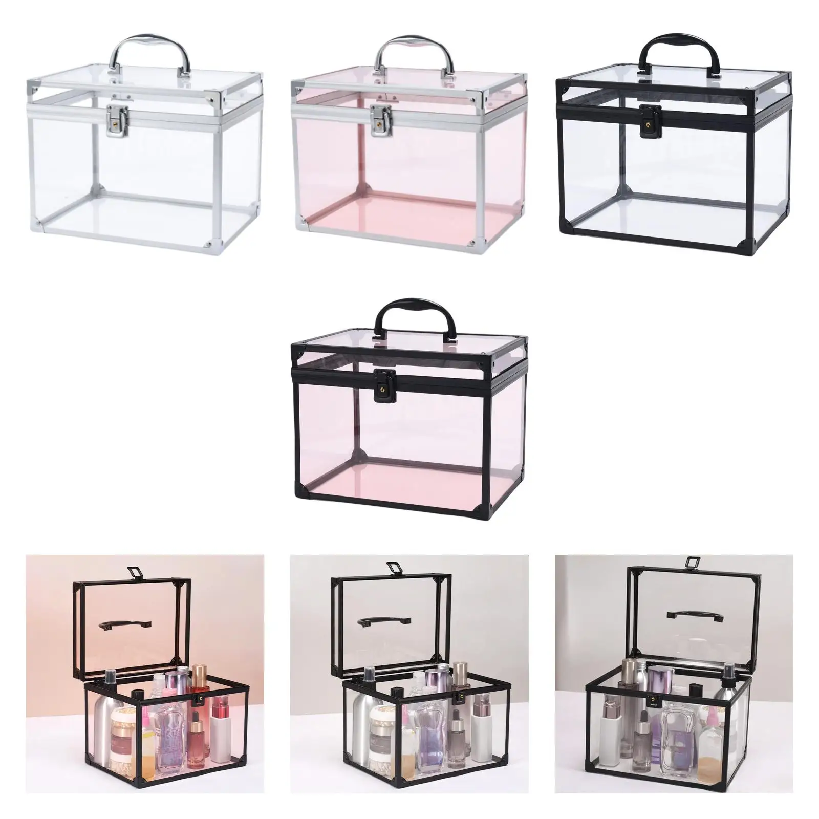 

Makeup Organizer Cosmetic Display Case Dustproof Crown Box Acrylic Clear Multifunctional Travel Case with Handle for Dresser