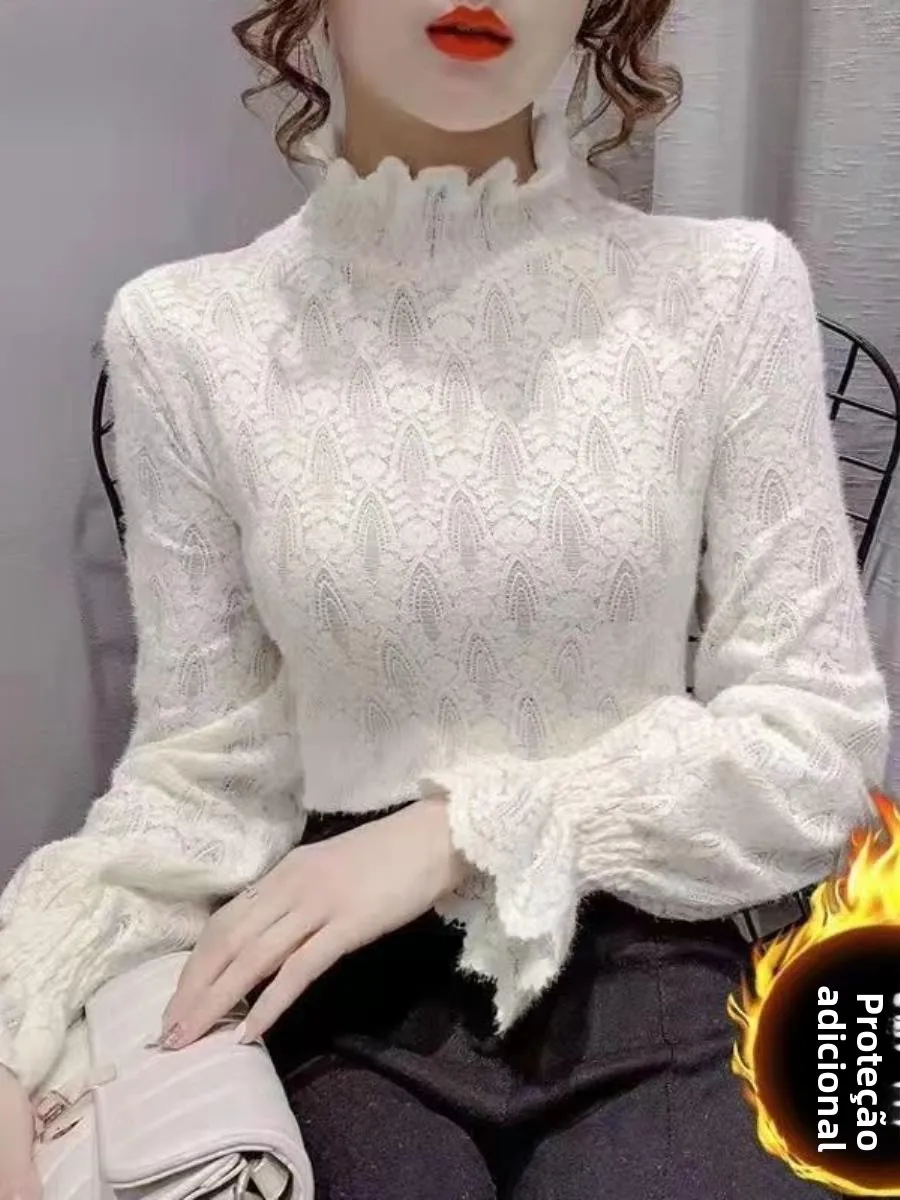 autumn-winter-plus-size-women's-fashionable-lace-base-shirt-bell-sleeve-half-high-collar-two-piece-set-fluffy-underwear-top