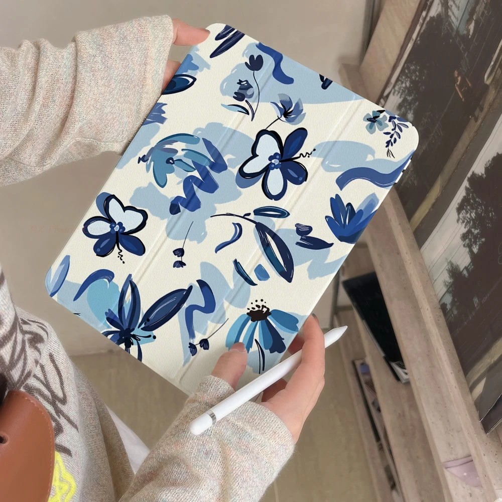 Vintage Blue Ink Floral Tablet Case For Apple iPad Pro 11 Pro 13 Pro 12.9 10.5 Air 4 5 2 3 Mini 6 7 9.7