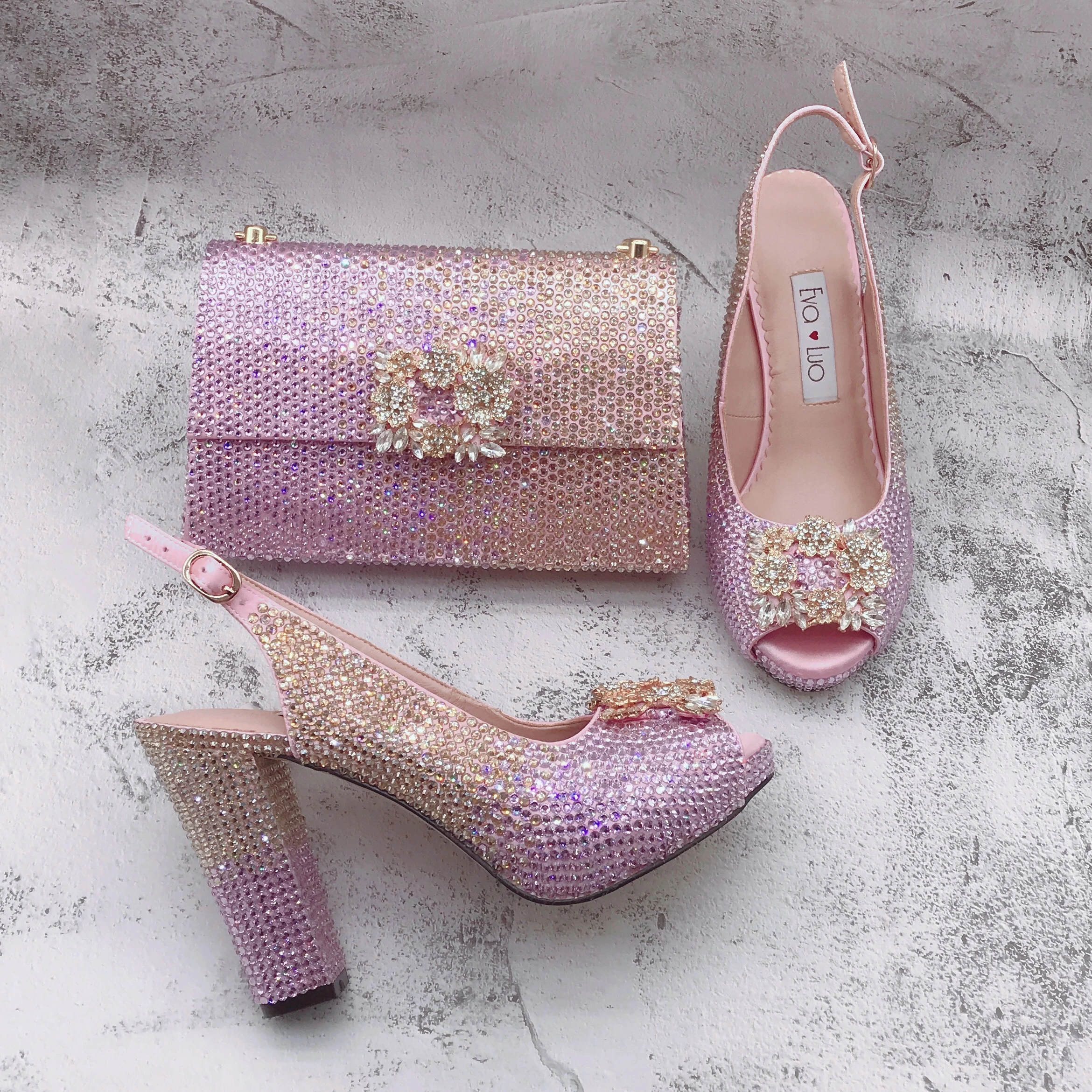 

BS1691 Luxury Custom Handmade High Heel Women Shoes Bridal Wedding Shoes Champagne Gold Pink Crystal Italian Shoes And Bag Set