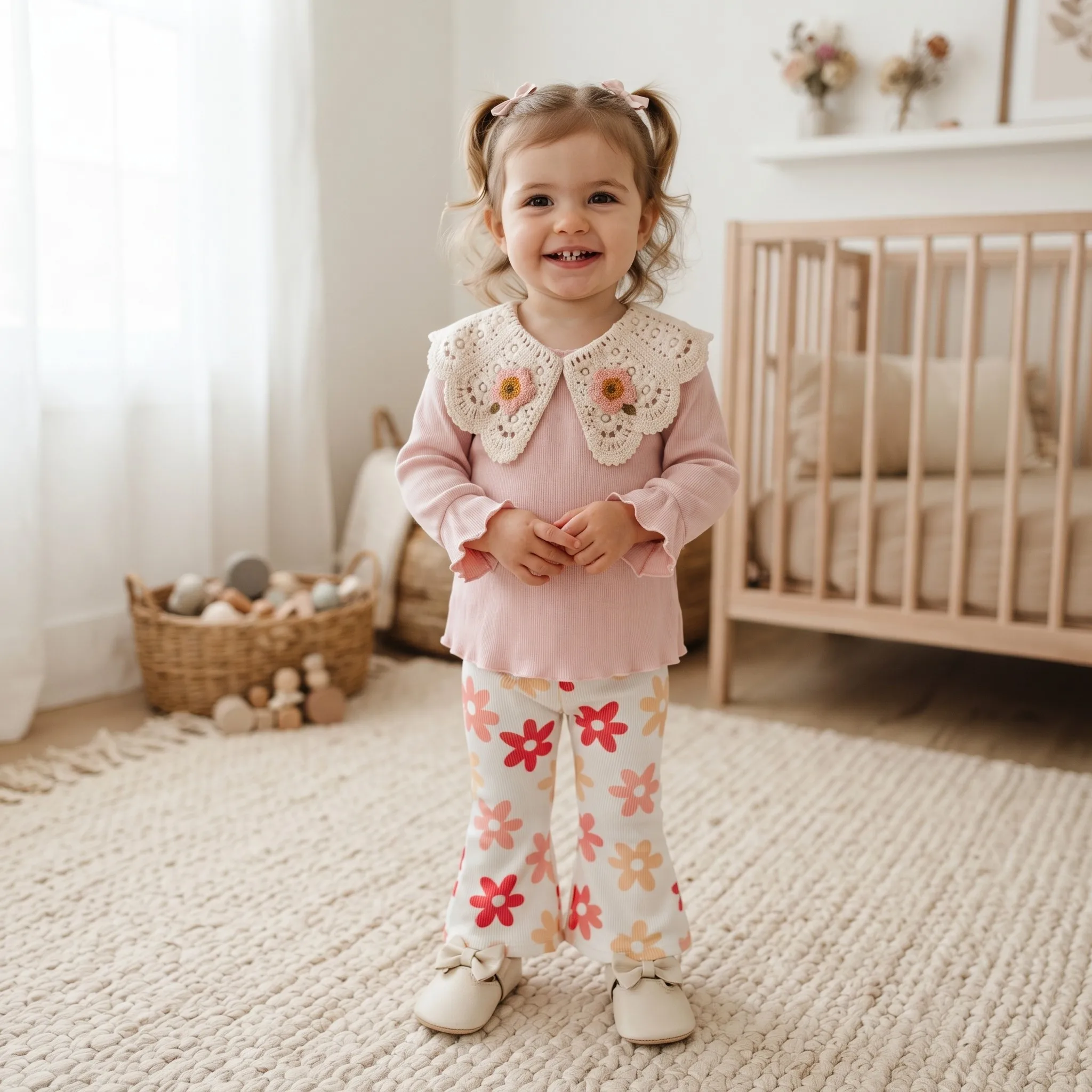 Baby Girls Crochet Collar Set, Infant 3D Flower Embroidery Long Sleeve Top & Floral Ribbed Flare Pants 2Pcs Outfit
