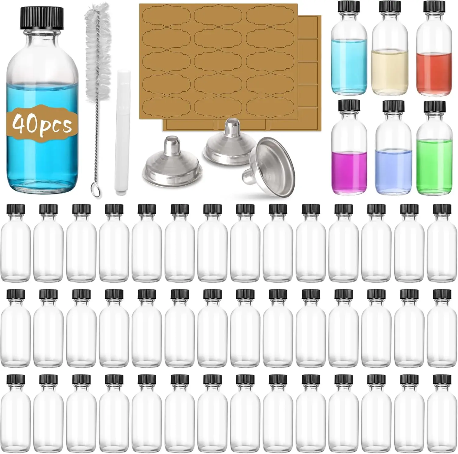 2 oz Small Glass Bottles with Airtight Lids, 60 ml Empty Clear Sample Boston Bottle/Vials/Containers with 90 Sticky Labels