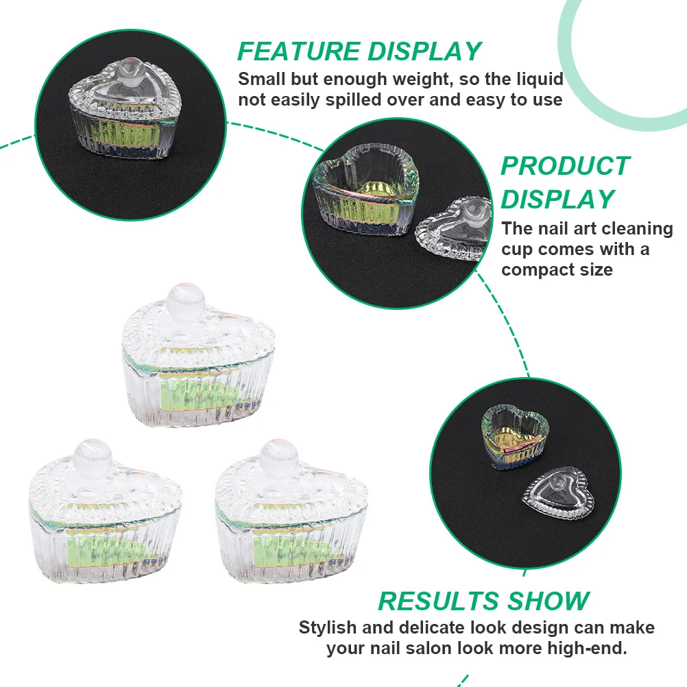 Copo de vidro para arte em unhas, 3 peças, elegante, tigela de pó para manicure, copo de limpeza compacto para mistura de esmalte e caneta, uso de lavagem