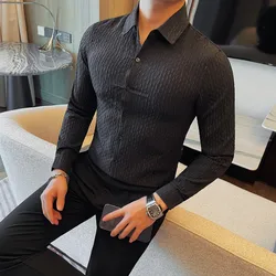 Autumn New Striped Pleated Shirt Black White Long Sleeve Simple Slim Fit Casual Lapel Shirt Social Party Dress Men Clothing 4XL