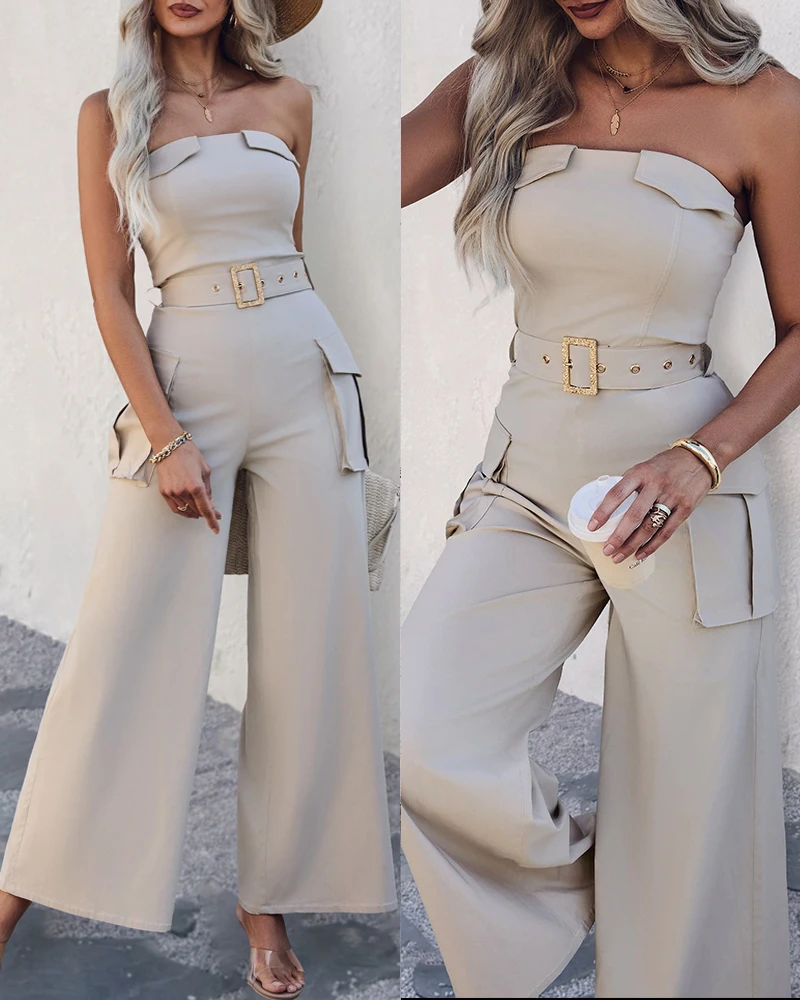 Jumpsuit Dames 2025, lente nieuwe off-the-shoulder mouwloze hoge taille, casual wijde pijpen jumpsuit met zakken en taille met riem