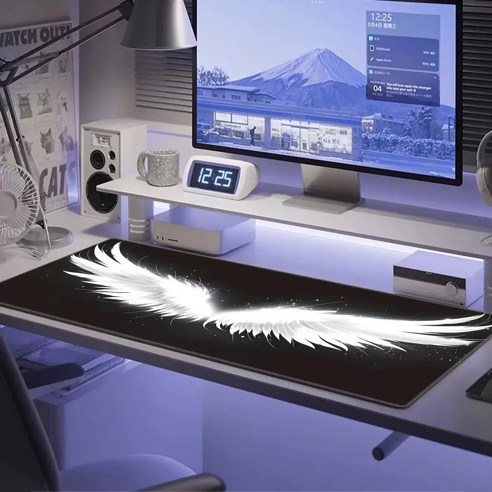 HYBXAXC Gothic White Angel Wings Desk Mat- Sparkle Feather Large Mouse Pad Non-Slip Waterproof