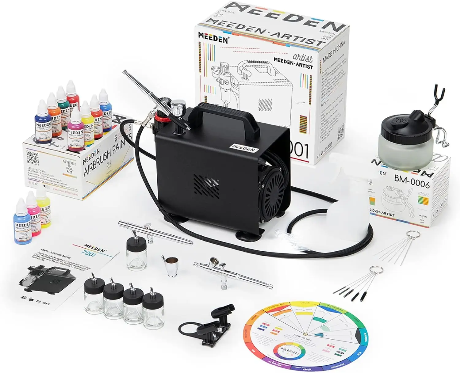 MEEDEN Airbrush Kit with Compressor and Paint - 1/6 HP Quite Air Compressor for Model Painting with 3 Dual-Action Airbrush Guns