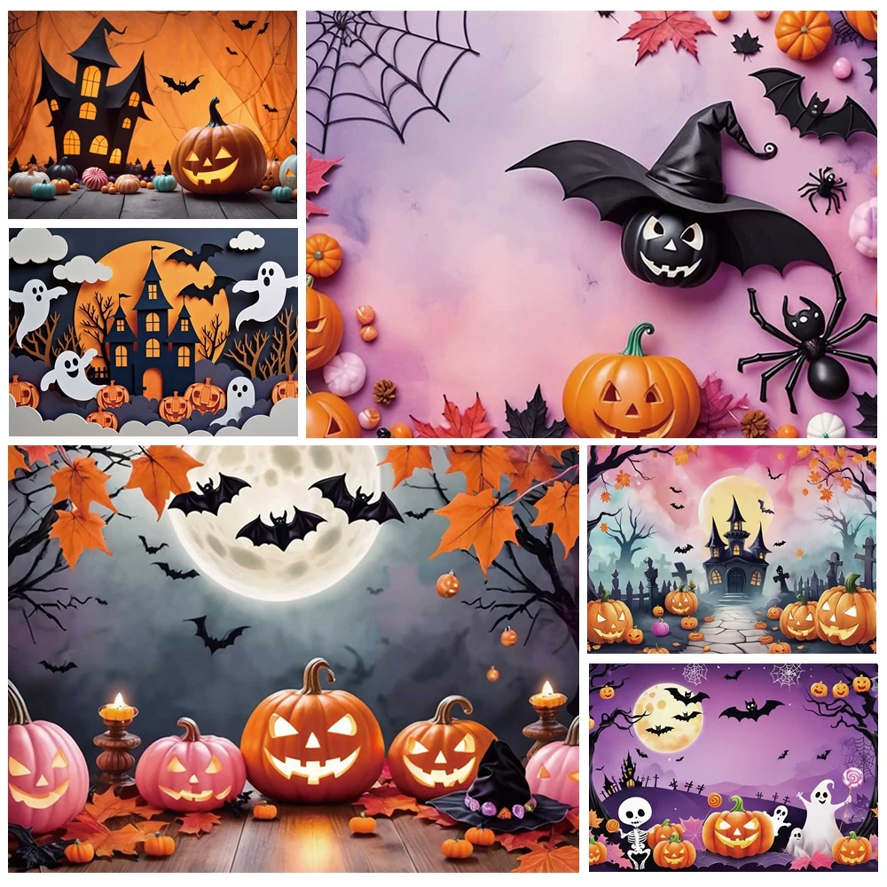 MOON.QG 2025 Halloween Backgrounds For Photographs Ghosts Bats Jack O'Lanterns Backdrop Photo Booth Studio Party Decorations