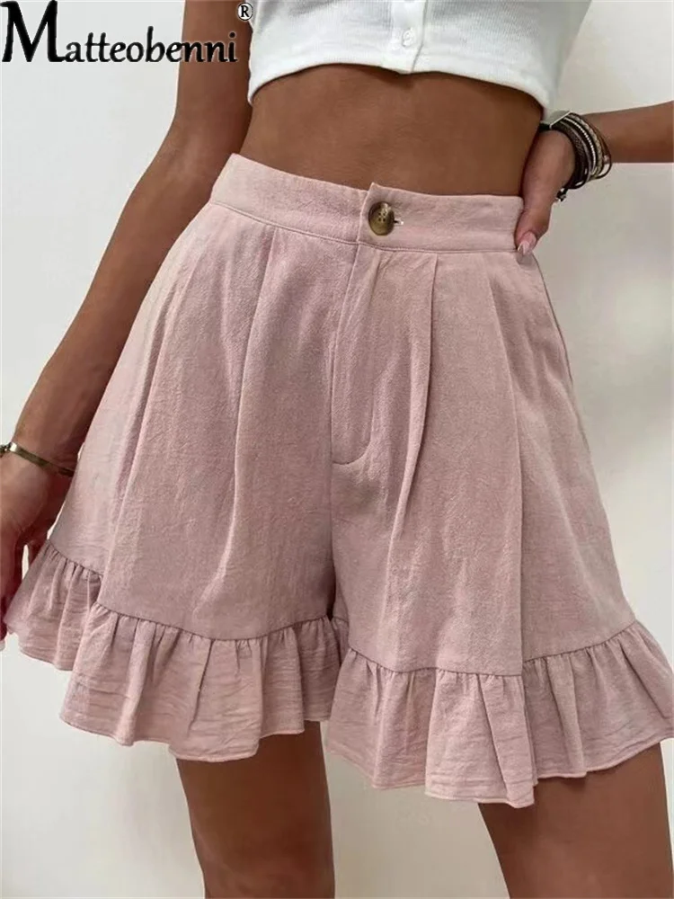 

Fashion Ruffle Patchwork Hem Wide Leg Women Shorts Casual Loose Solid Shorts Cotton Linen High Waist Short Pants 2022 Summer New