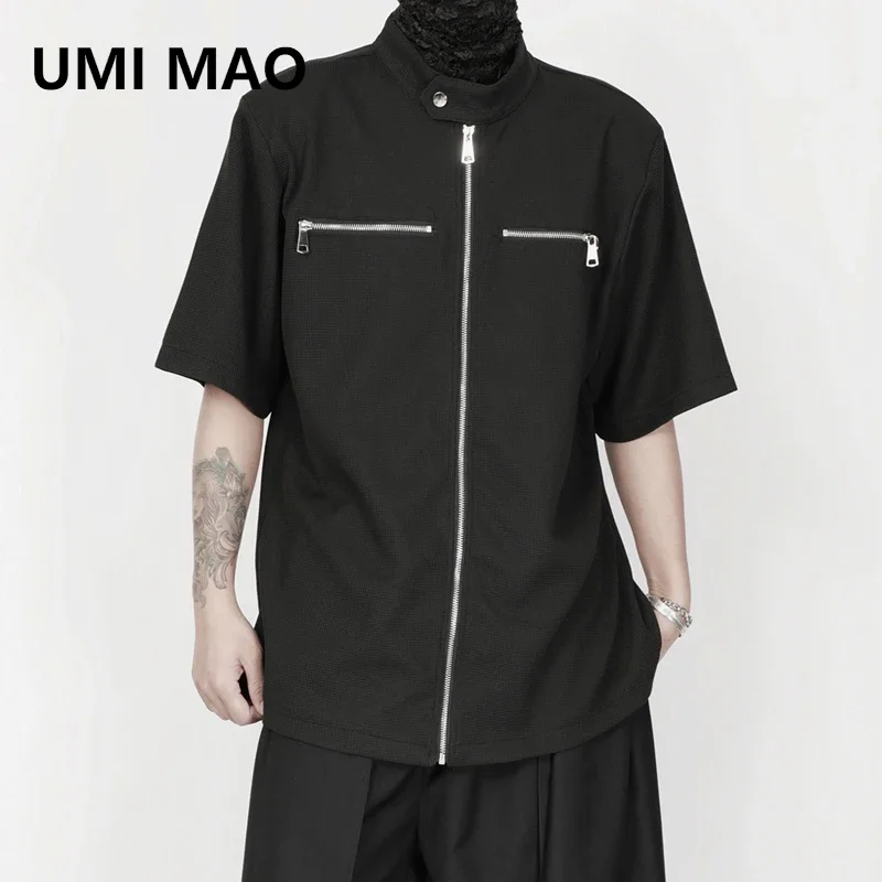 

UMI MAO Summer New Men's Korean Edition Simple Zipper Decoration Stand Up Neck Loose And Handsome Black Short Sleeve Shirt Trend